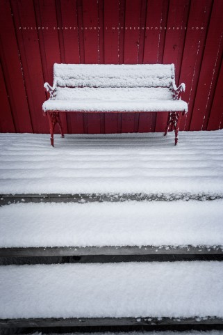 Un banc rouge sous la neige