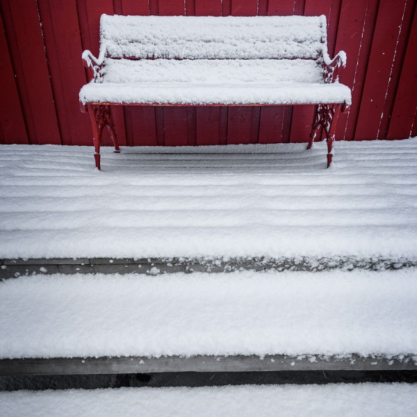 Cold Fusion Un banc rouge sous la neige