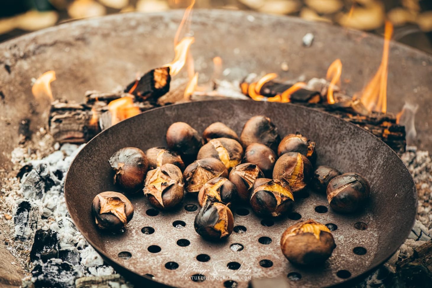 Châtaignes sur une poêle à trou