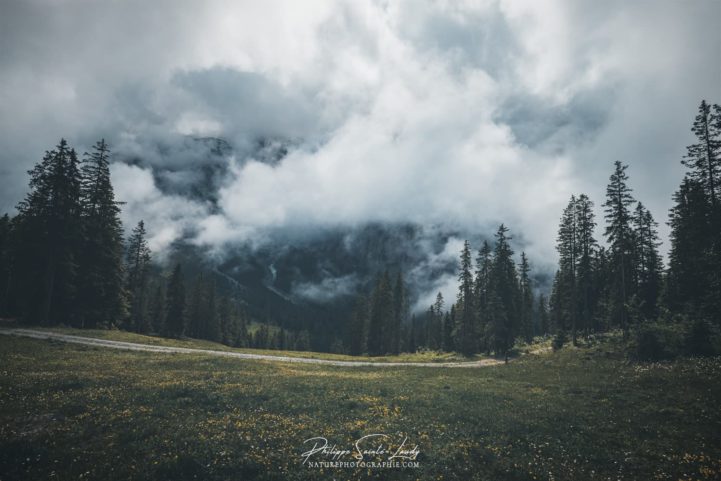 Le brouillard descend dans une vallée Suisse
