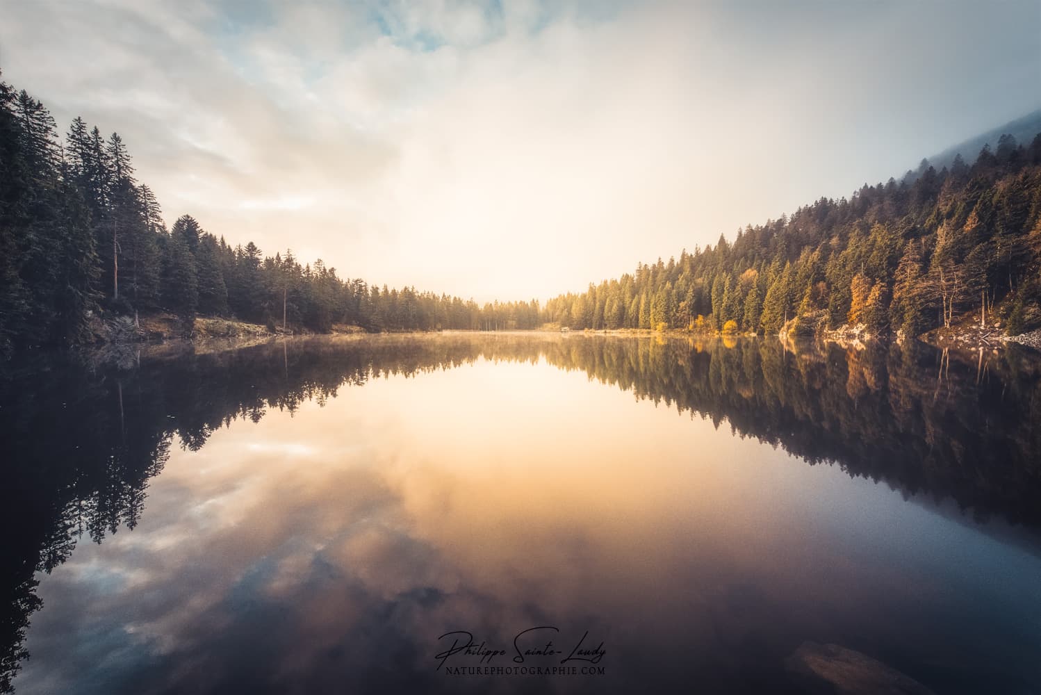 Une lumière jaune envahie le Lac Vert dans les Vosges