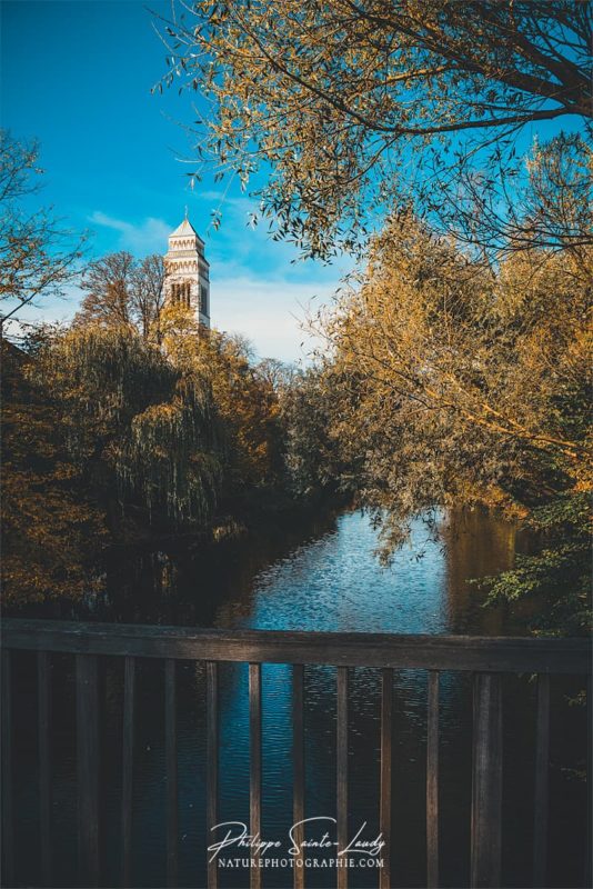 Une église le long de l'eau en automne