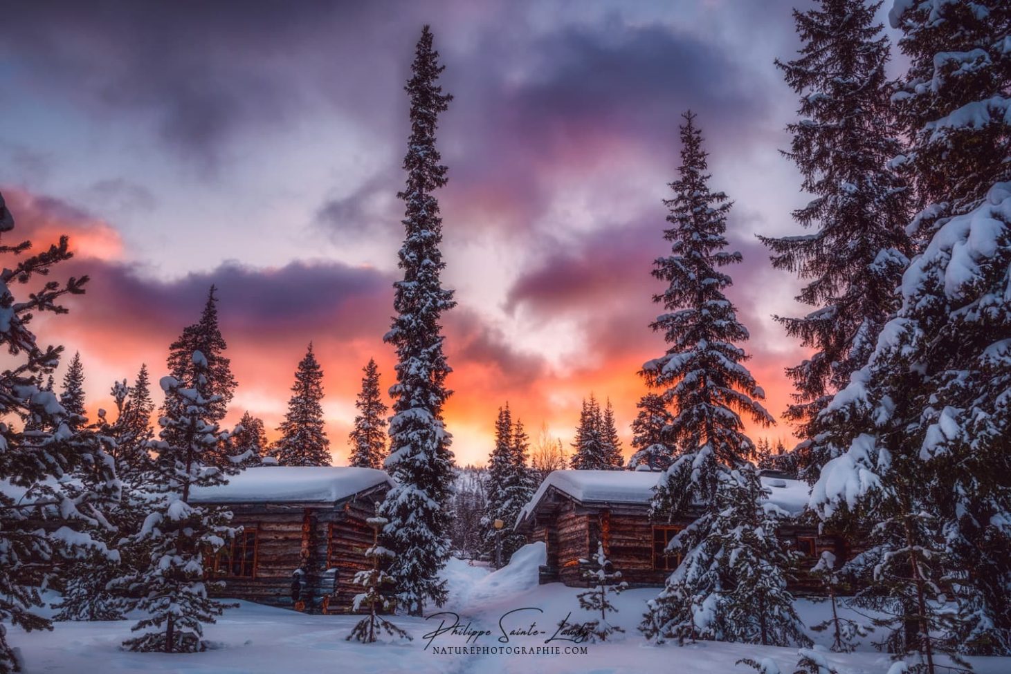 Coucher de soleil et paysage de neige - Laponie
