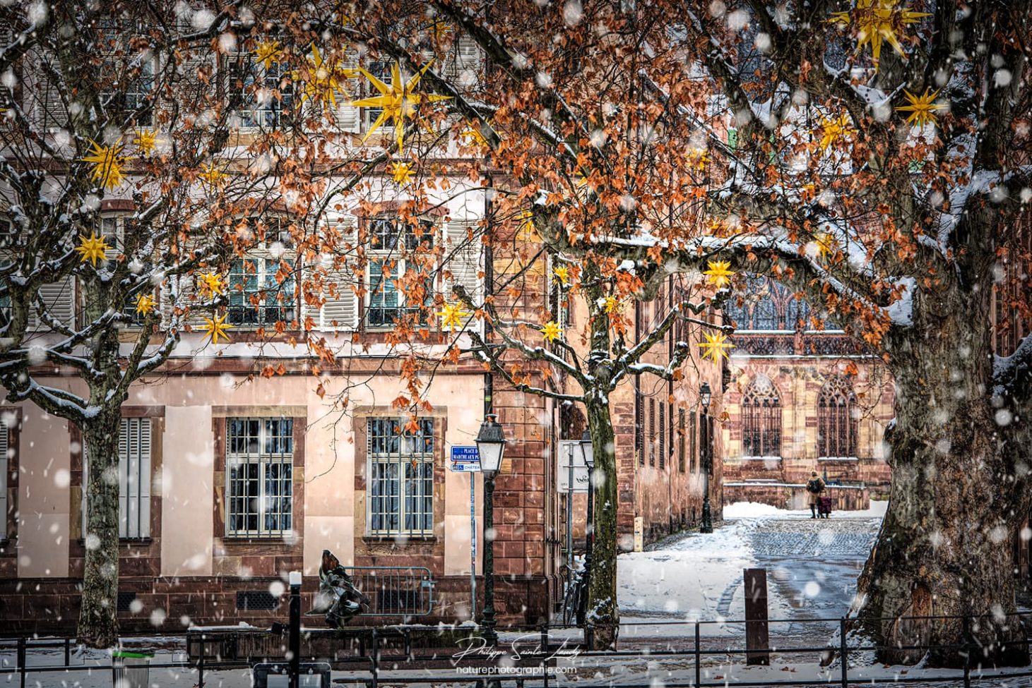 Flocons de neige au centre de Strasbourg