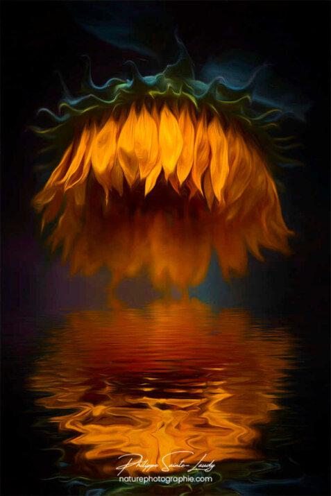 Un tournesol se reflète dans l'eau
