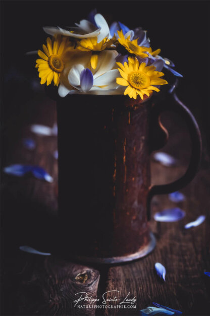 Composition florale réalisée avec l'aide de l'IA intelligence artificielle générative de Photoshop