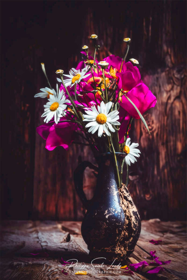 Composition florale réalisée avec l'aide de l'IA intelligence artificielle générative de Photoshop