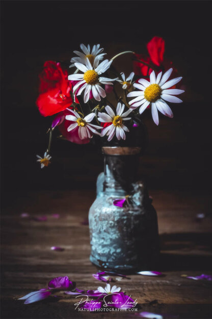 Composition florale réalisée avec l'aide de l'IA intelligence artificielle générative de Photoshop