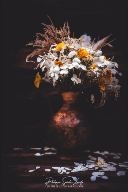 Composition florale réalisée avec l'aide de l'IA intelligence artificielle générative de Photoshop